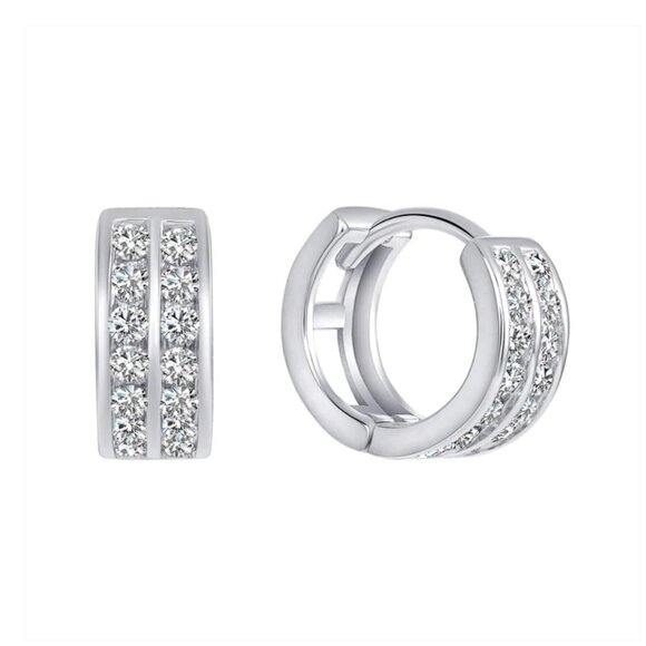 Sterling Silver 925 Two Row Designed Cubic Zirconia Hoop Earring